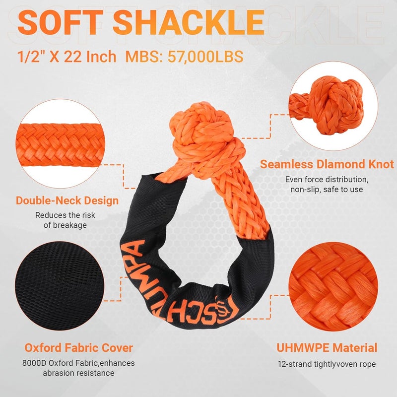 SCHTUMPA Kinetic Recovery Tow Rope, 1in x 20ft, 48000Lbs, Heavy Duty Towing Straps Kit with 1/2' X 22 Inch Soft Shackles for SUV UTV ATV Tractor Car Jeep 4x4 Offroad Vehicle - Image 3